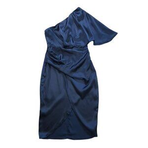 Elegant One-Shoulder Navy Blue Midi Dress With Silky Satin-Like Finish Size M.